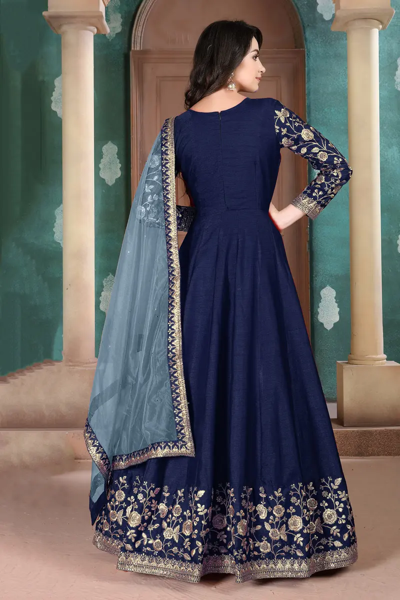 Blue Color Ceremonial wear Floral Gown with Net Dupatta