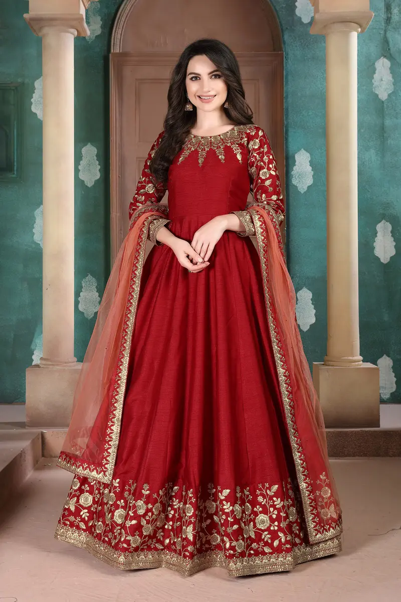 Red Color Wedding wear Anarkali Gown with Net Dupatta