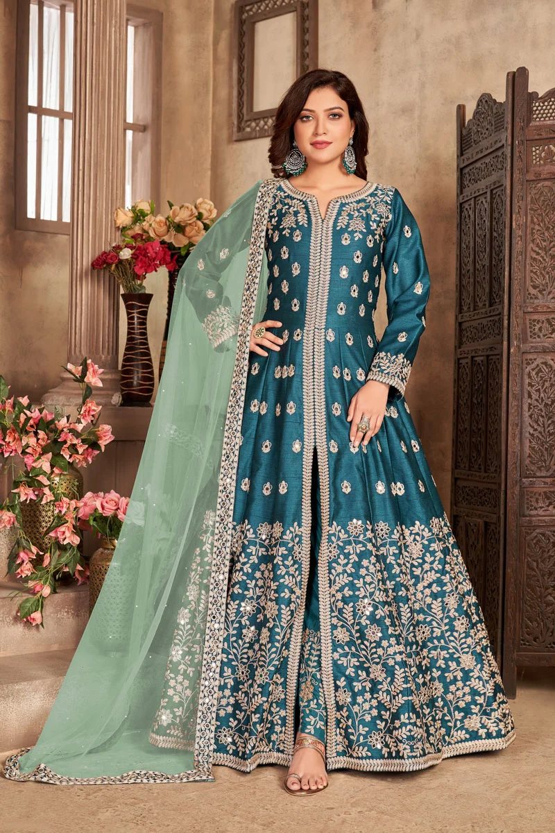 Rama color Readymade Floral Touch Dress with Net Dupatta