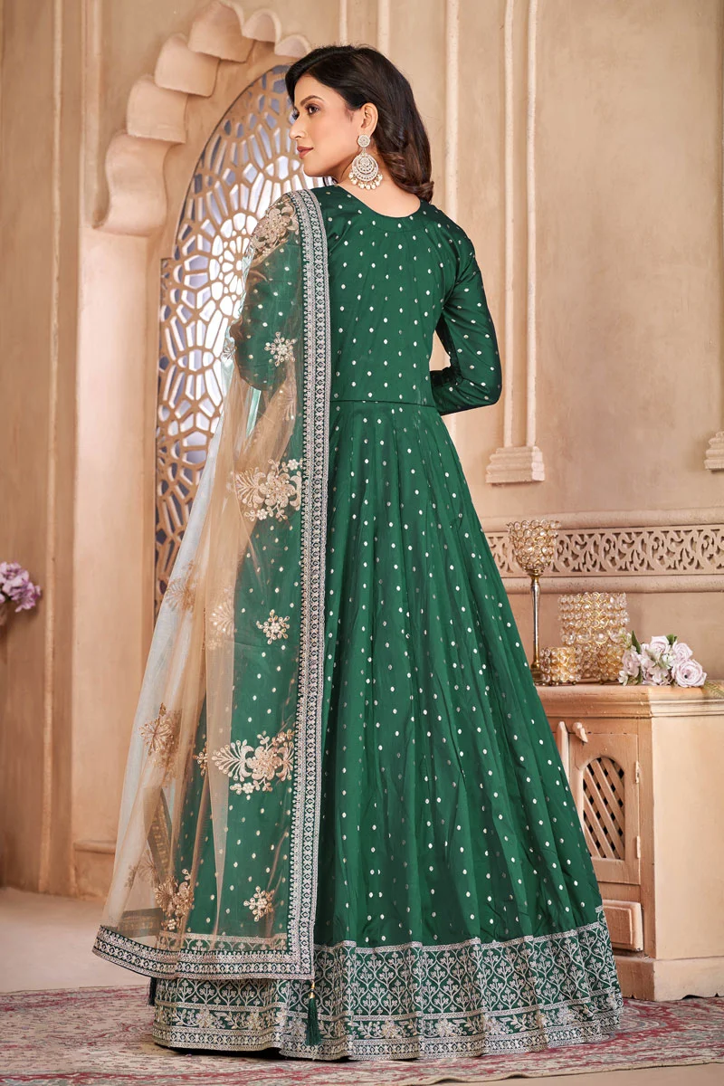 Green Taffeta Silk Party wear Anarkali Suit with Dupatta