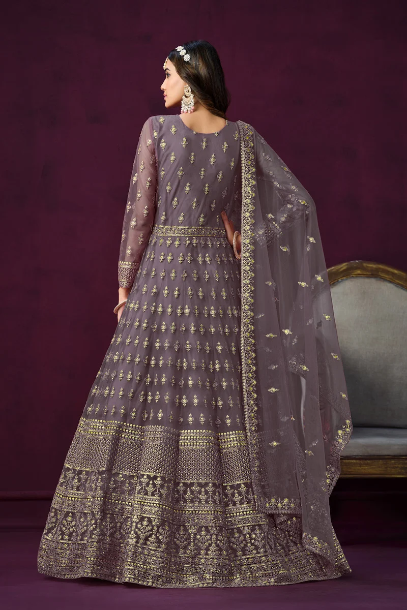Purple color Embroidered Floral Touch Dress with Net Dupatta
