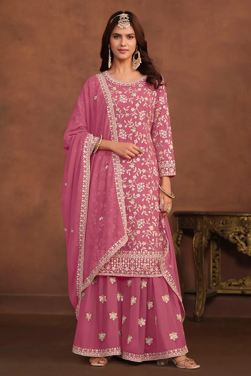 Pink color Faux Georgette Palazzo Salwar Suit with Dupatta