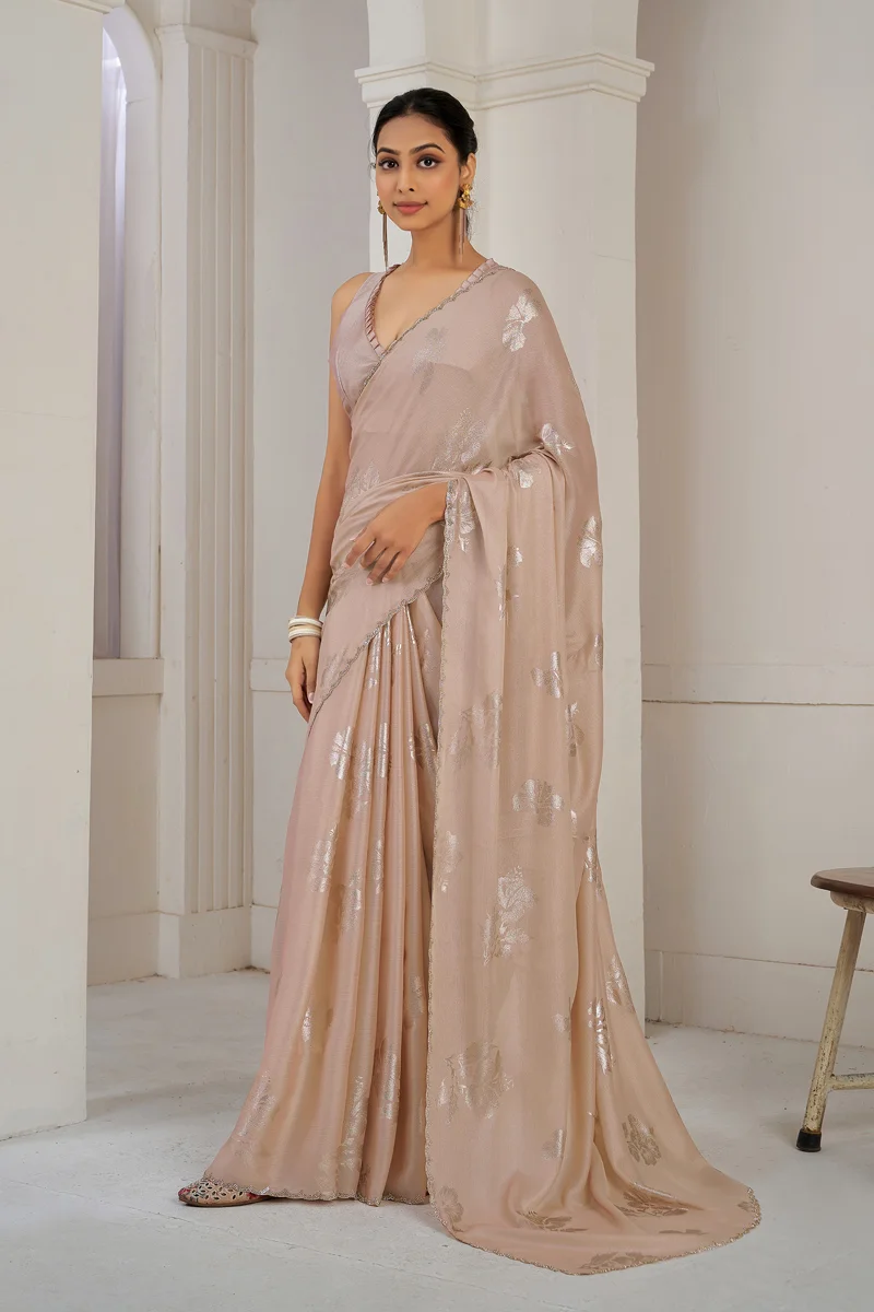Peach Satin Silk wear Casual Saree with Printed and Zarkan