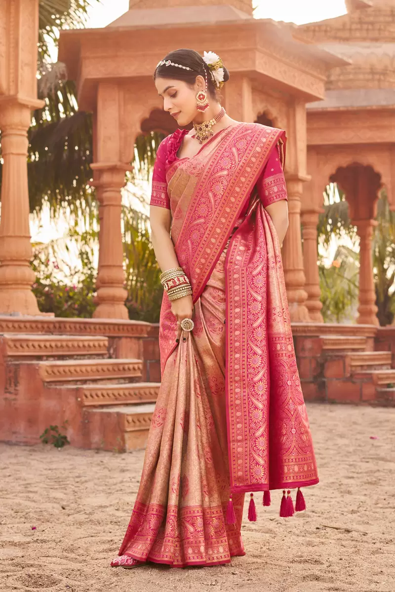 Peach Pink Beautiful Banarasi Silk Zari Weaving Casual Wear Saree