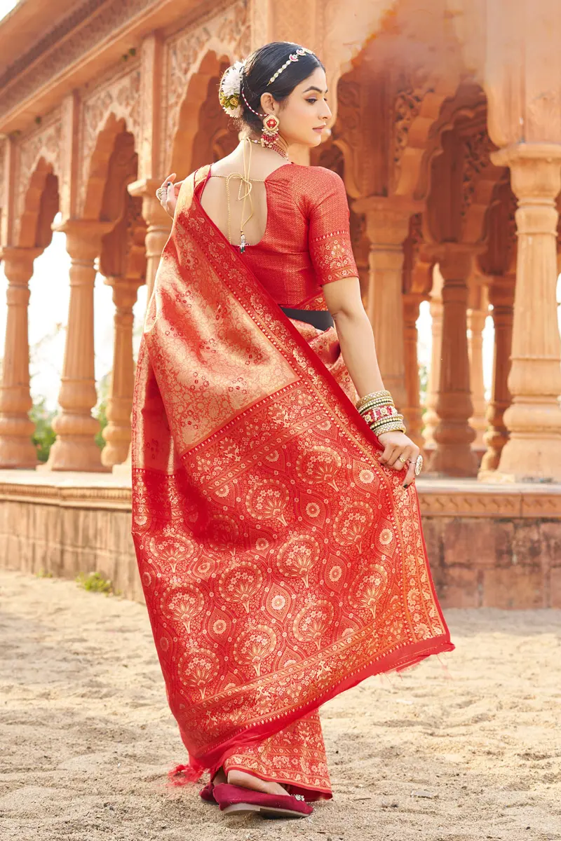Red Designer Banarasi Silk Zari Weaving Indian Traditional Saree