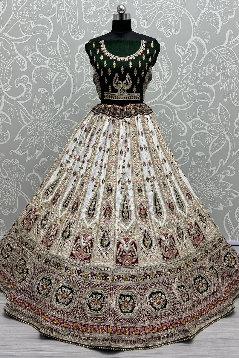 Off White Designer Wedding Paneter Style Silk Lehenga Choli